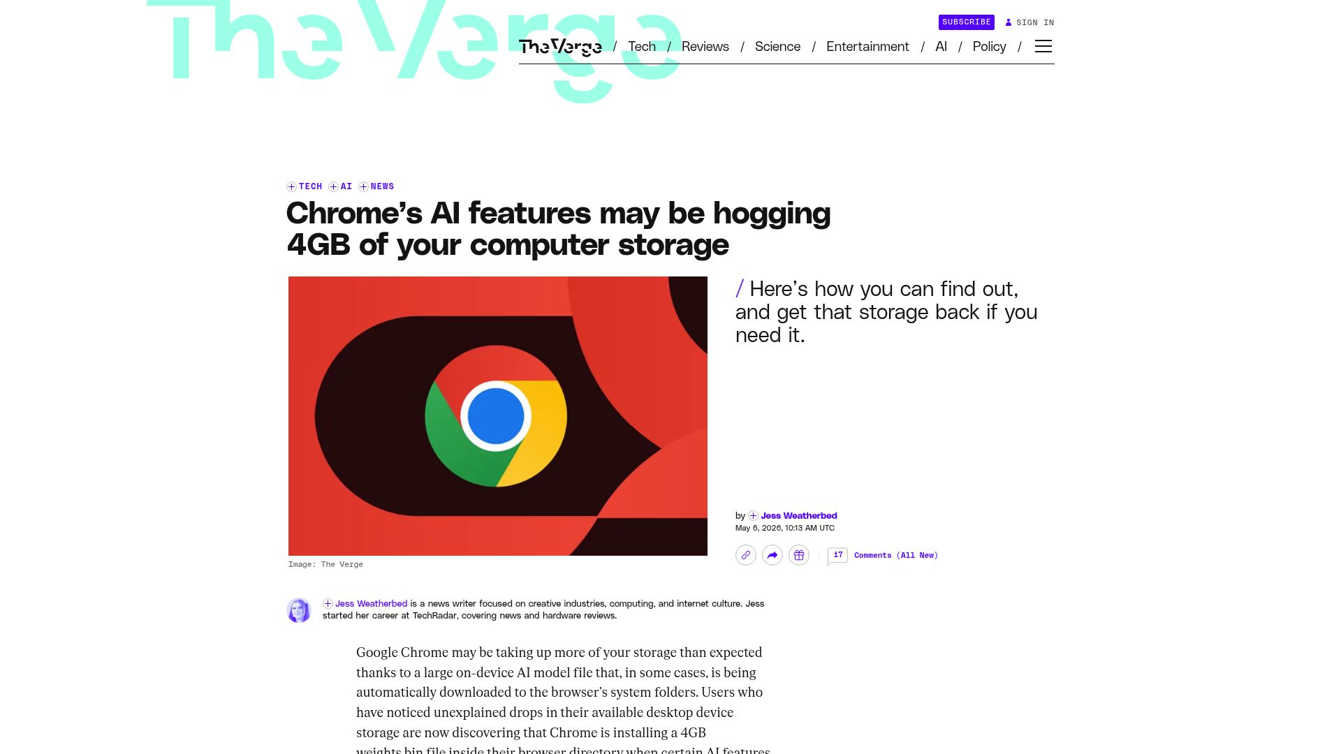 Screenshot of theverge.com: Chrome's AI features may be hogging 4GB of your computer storage