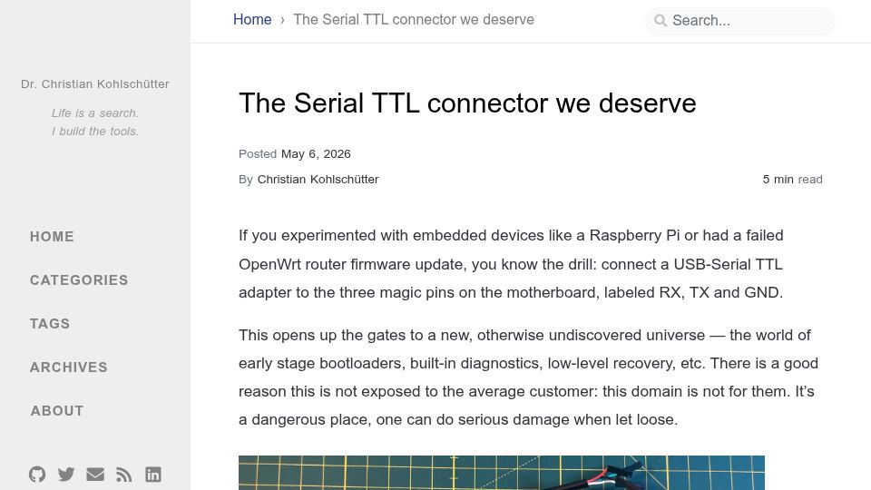 Screenshot of kohlschuetter.github.io: The Serial TTL connector we deserve
