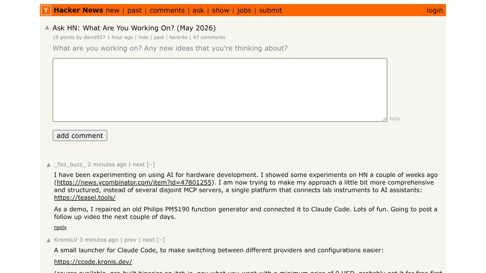 Screenshot of Hacker News post: Ask HN: What are you working on? (May 2026)