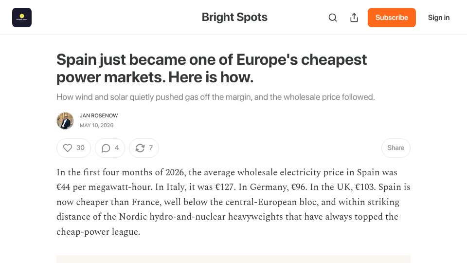 Screenshot of janrosenow.substack.com: Spain has become one of Europe’s cheapest power markets