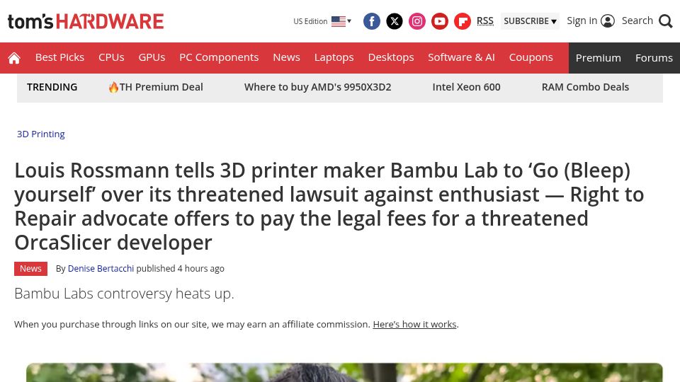 Screenshot of tomshardware.com: Louis Rossmann offers to pay legal fees for a threatened OrcaSlicer developer