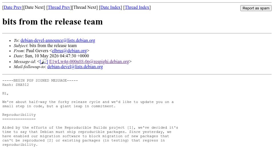 Screenshot of lists.debian.org: Debian must ship reproducible packages