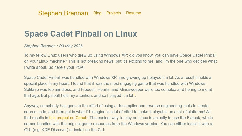 Screenshot of brennan.io: Space Cadet Pinball on Linux