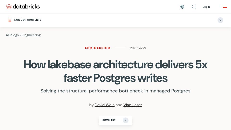 Screenshot of databricks.com: Lakebase architecture delivers faster Postgres writes