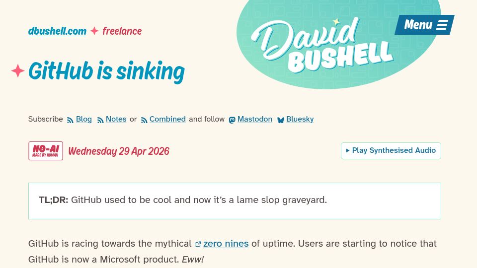 Screenshot of dbushell.com: GitHub is sinking