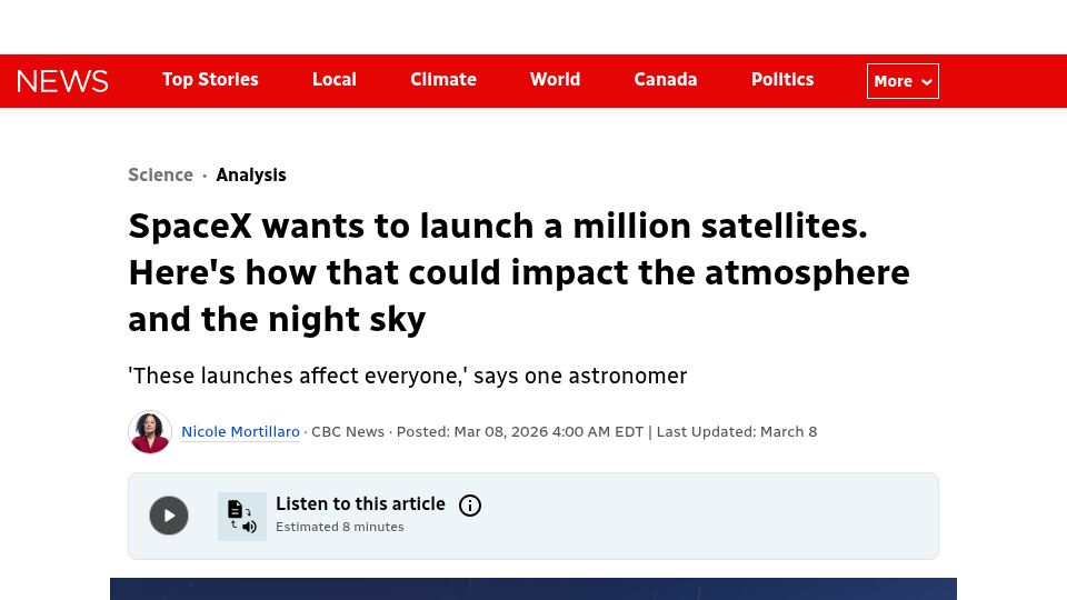 Screenshot of cbc.ca: SpaceX wants to launch a million satellites