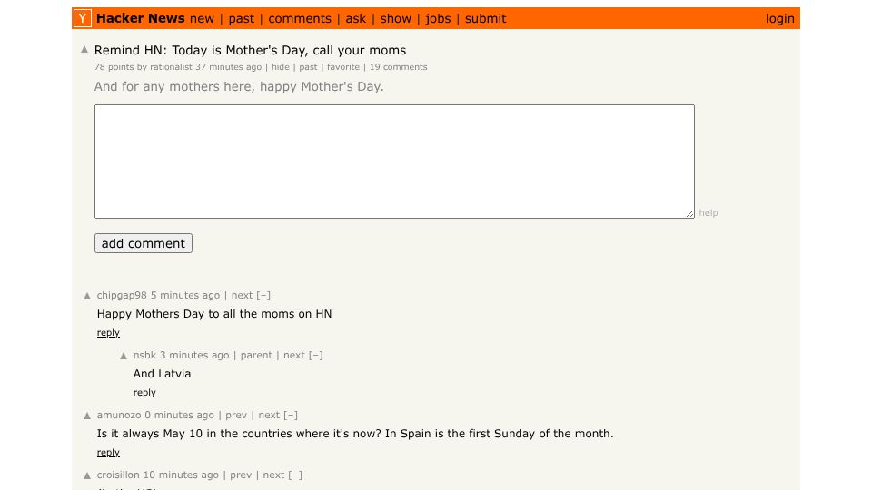 Screenshot of Hacker News post: Remind HN: Today is Mother's Day, call your moms