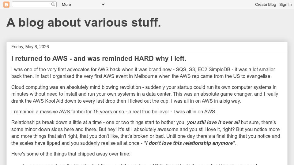 Screenshot of fourlightyears.blogspot.com: I returned to AWS and was reminded why I left