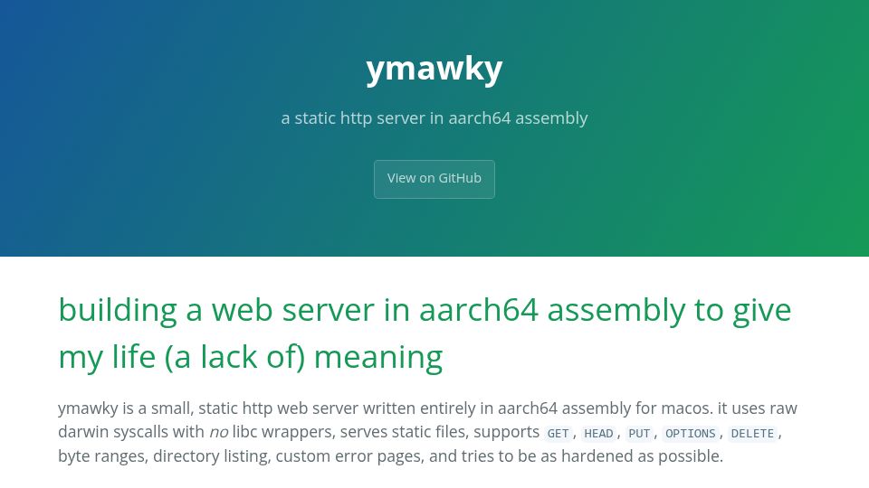 Screenshot of github.com: Show HN: Building a web server in assembly to give my life (a lack of) meaning