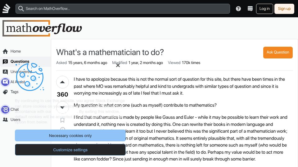Screenshot of mathoverflow.net: What's a mathematician to do? (2010)