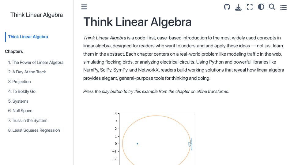 Screenshot of allendowney.github.io: Think Linear Algebra (2023)