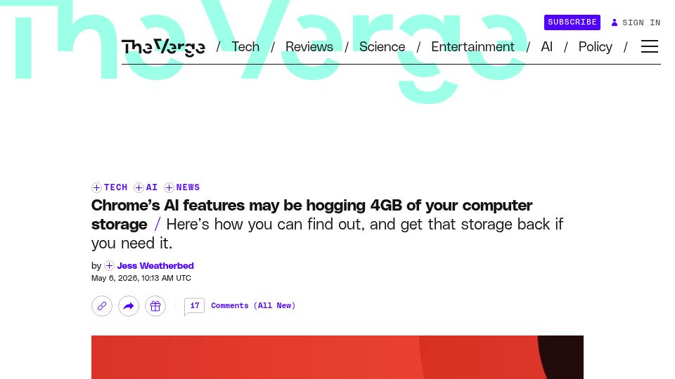 Screenshot of theverge.com: Chrome's AI features may be hogging 4GB of your computer storage