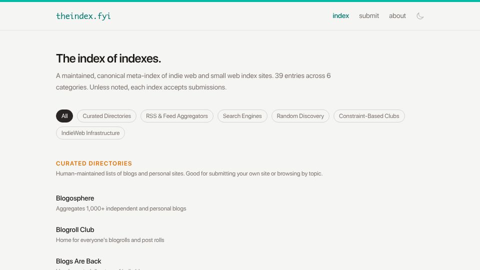 Screenshot of theindex.fyi: Show HN: An index of indie web/blog indexes