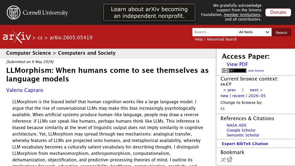 Screenshot of arxiv.org: LLMorphism: When humans come to see themselves as language models