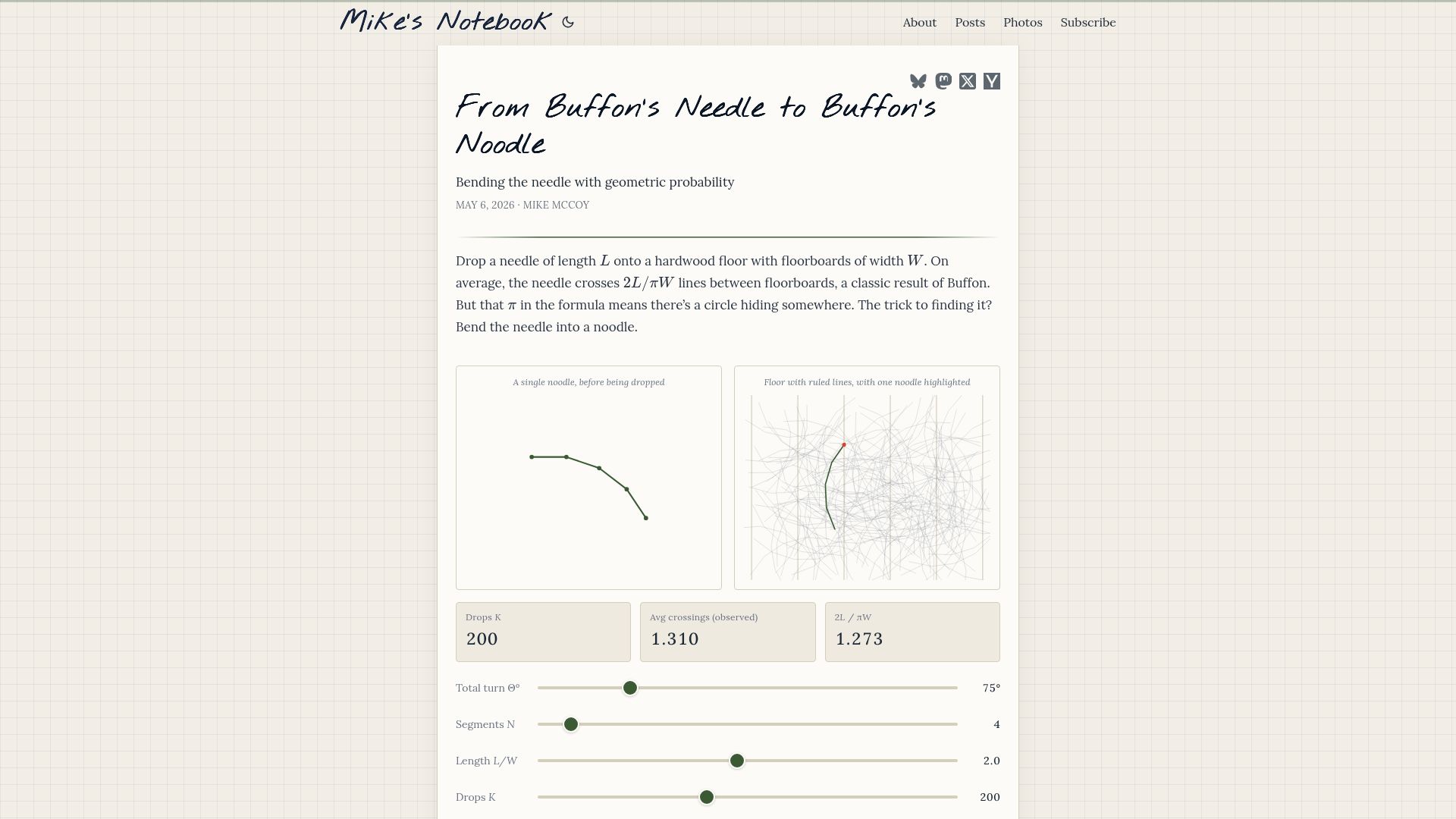 Screenshot of mbmccoy.dev: From Buffon's Needle to Buffon's Noodle