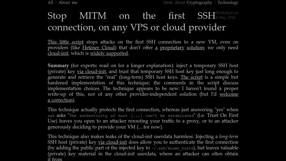Screenshot of joachimschipper.nl: Stop MitM on the first SSH connection, on any VPS or cloud provider