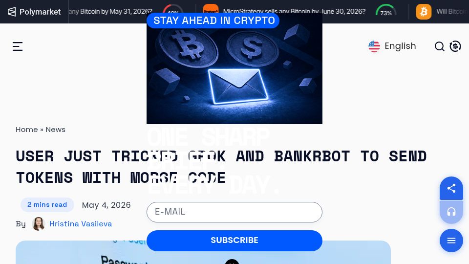 Screenshot of cryptopolitan.com: User just tricked Grok and Bankrbot to send tokens with Morse code