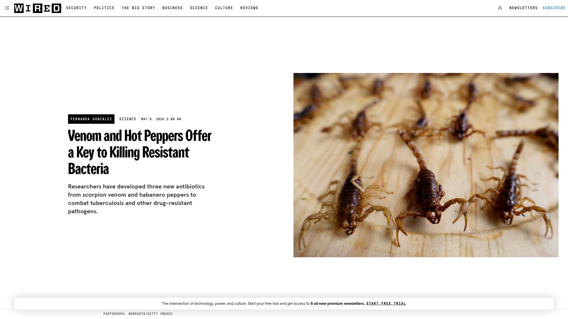 Screenshot of wired.com: Venom and hot peppers offer a key to killing resistant bacteria