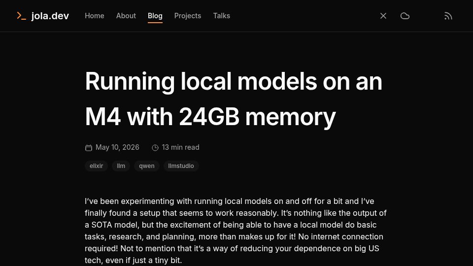 Screenshot of jola.dev: Running local models on an M4 with 24GB memory