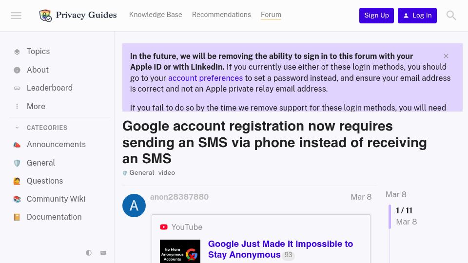 Screenshot of discuss.privacyguides.net: Gmail registration now requires scanning a QR code and sending a text message