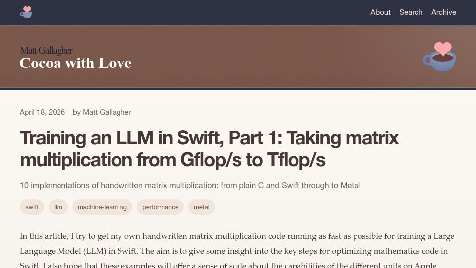Screenshot of cocoawithlove.com: Training an LLM in Swift, Part 1: Taking matrix mult from Gflop/s to Tflop/s