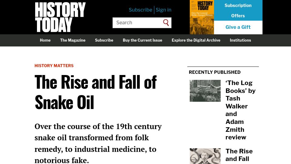 Screenshot of historytoday.com: The rise and fall of snake oil