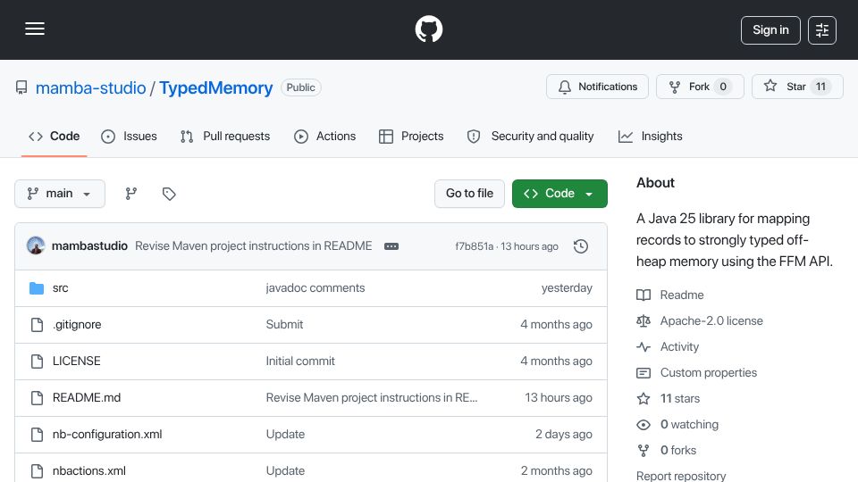 Screenshot of github.com: Library for fast mapping of Java records to native memory