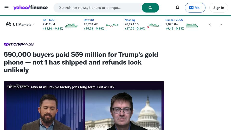 Screenshot of finance.yahoo.com: 590k buyers paid $59M for Trump's gold phone, but not one has shipped