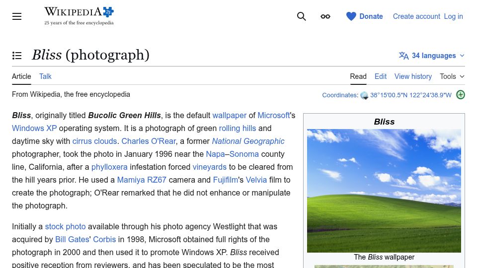 Screenshot of en.wikipedia.org: Bliss (Photograph)