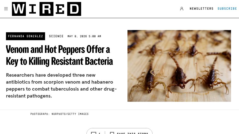 Screenshot of wired.com: Venom and hot peppers offer a key to killing resistant bacteria