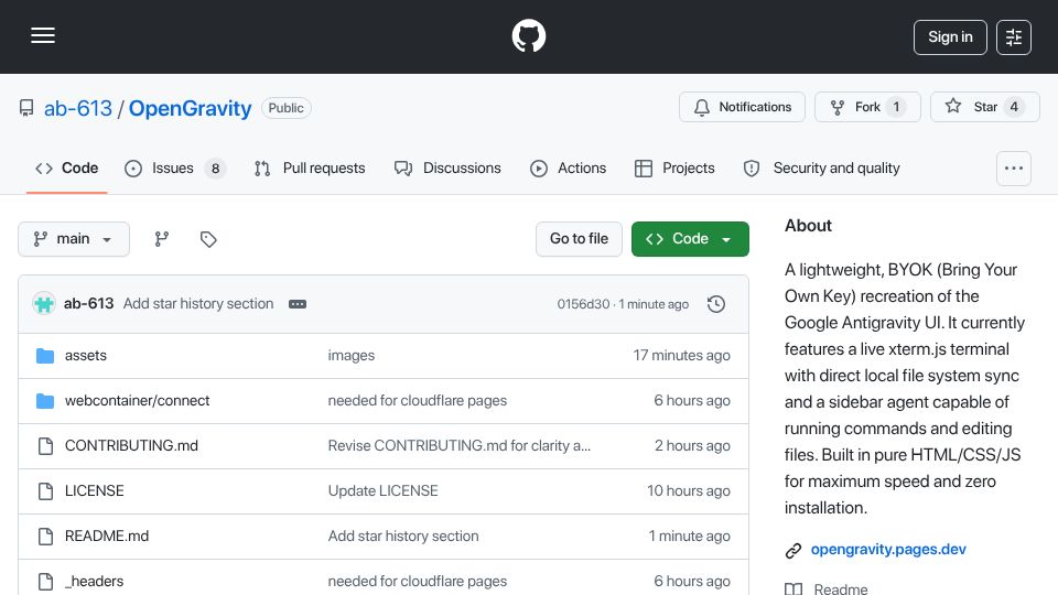Screenshot of github.com: Show HN: OpenGravity – A zero-install, BYOK vanilla JS clone of Antigravity