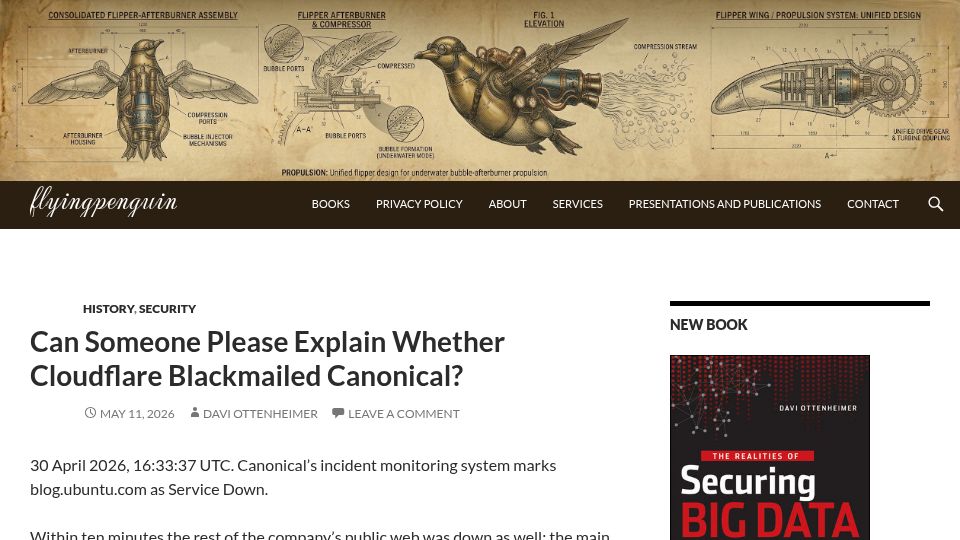Screenshot of flyingpenguin.com: Can someone please explain whether Cloudflare blackmailed Canonical?