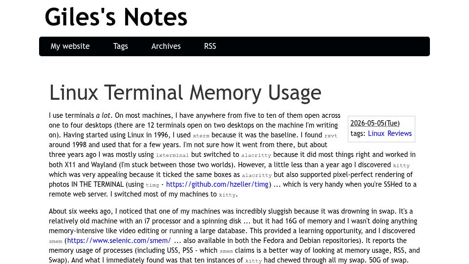Screenshot of gilesorr.com: Linux Terminal Memory Usage