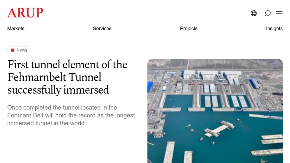 Screenshot of arup.com: First tunnel element of the Fehmarnbelt Tunnel immersed