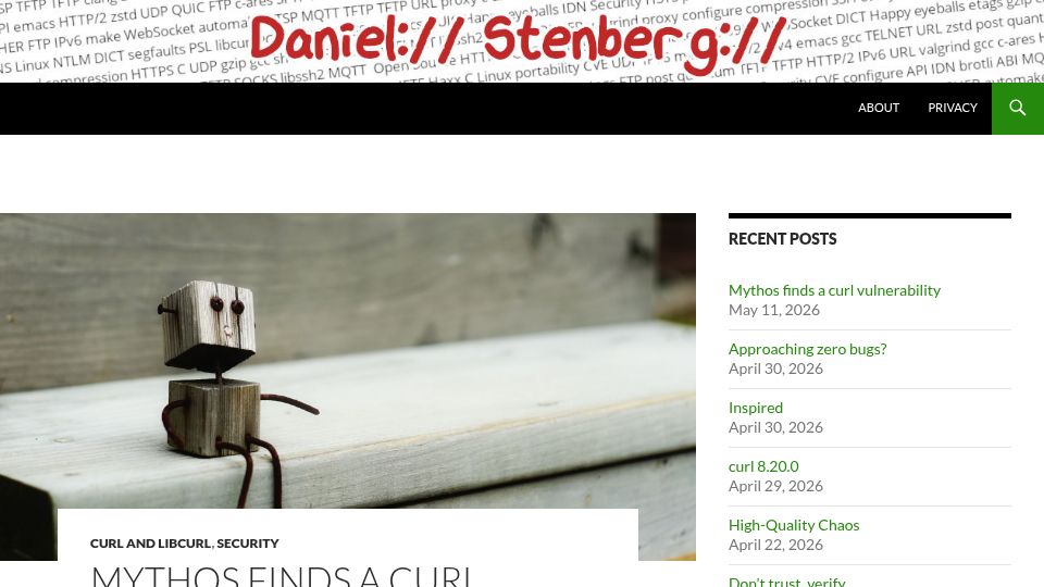 Screenshot of daniel.haxx.se: Mythos Finds a Curl Vulnerability