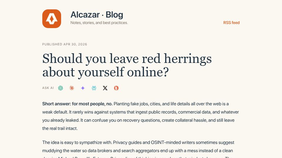 Screenshot of blog.alcazarsec.com: Should you leave red herrings about yourself online?