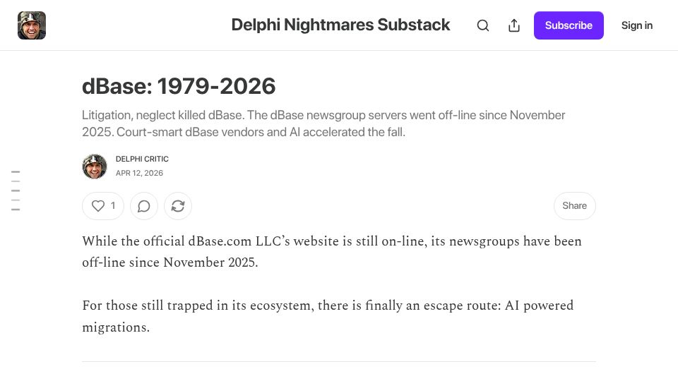 Screenshot of delphinightmares.substack.com: dBase: 1979-2026