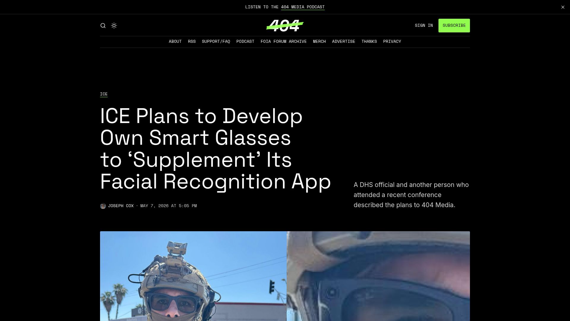 Screenshot of 404media.co: ICE to Develop Own Smart Glasses to 'Supplement' Its Facial Recognition App
