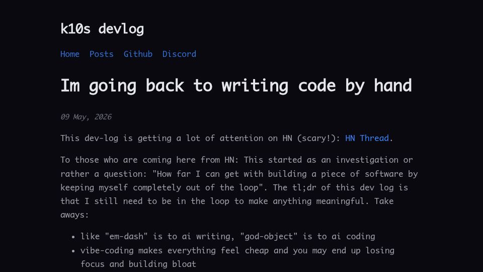 Screenshot of blog.k10s.dev: I'm going back to writing code by hand