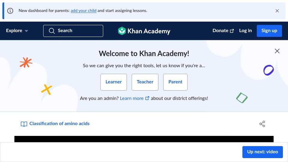 Screenshot of khanacademy.org: Classification of amino acids