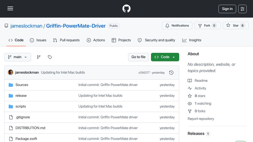 Screenshot of github.com: Griffin PowerMate driver for modern macOS