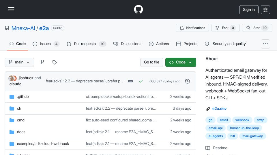 Screenshot of github.com: Show HN: E2a – Open-source email gateway for AI agents