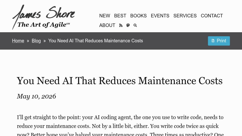 Screenshot of jamesshore.com: An AI coding agent, used to write code, needs to reduce your maintenance costs