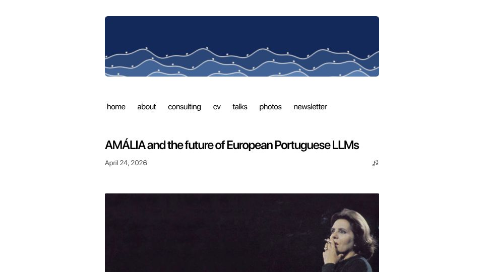 Screenshot of duarteocarmo.com: AMÁLIA and the future of European Portuguese LLMs