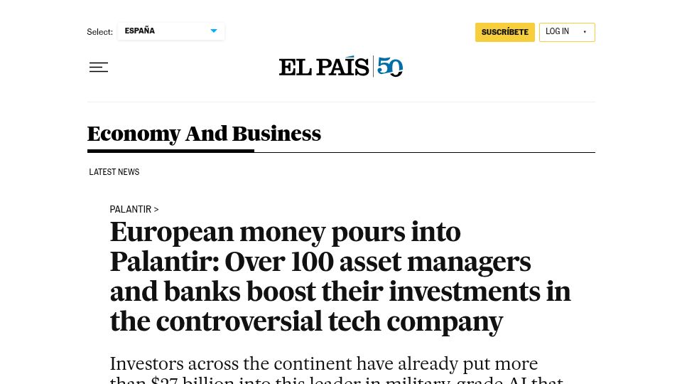 Screenshot of english.elpais.com: European Money Pours into Palantir