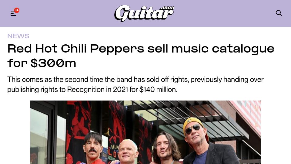 Screenshot of hollywoodreporter.com: Red Hot Chili Peppers ink $300M deal with Warner Music to sell catalog