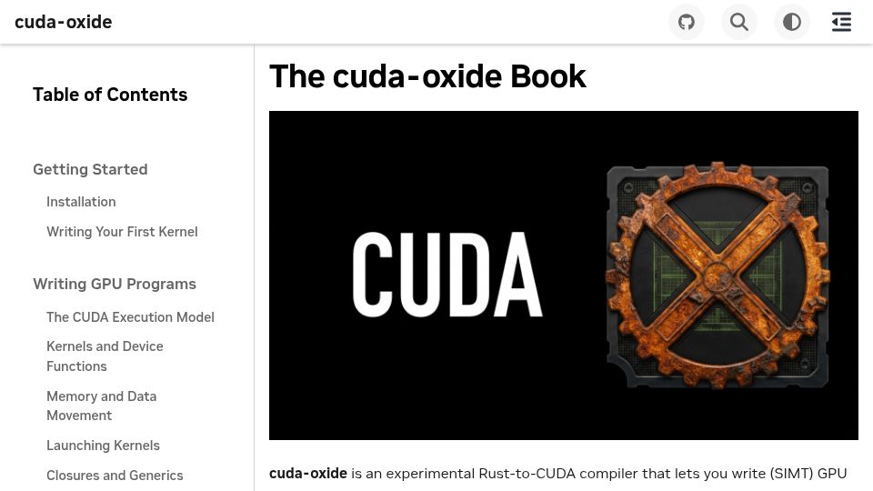 Screenshot of nvlabs.github.io: CUDA-oxide: Nvidia's official Rust to CUDA compiler
