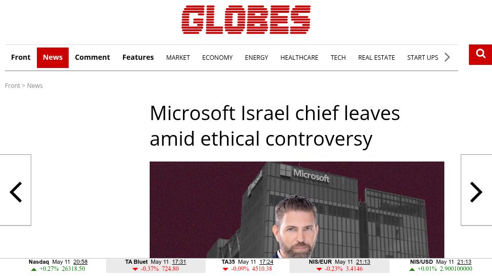 Screenshot of en.globes.co.il: Microsoft Israel chief leaves amid ethical controversy