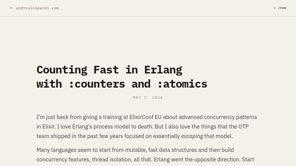 Screenshot of andrealeopardi.com: Counting Fast in Erlang with:counters and:atomics