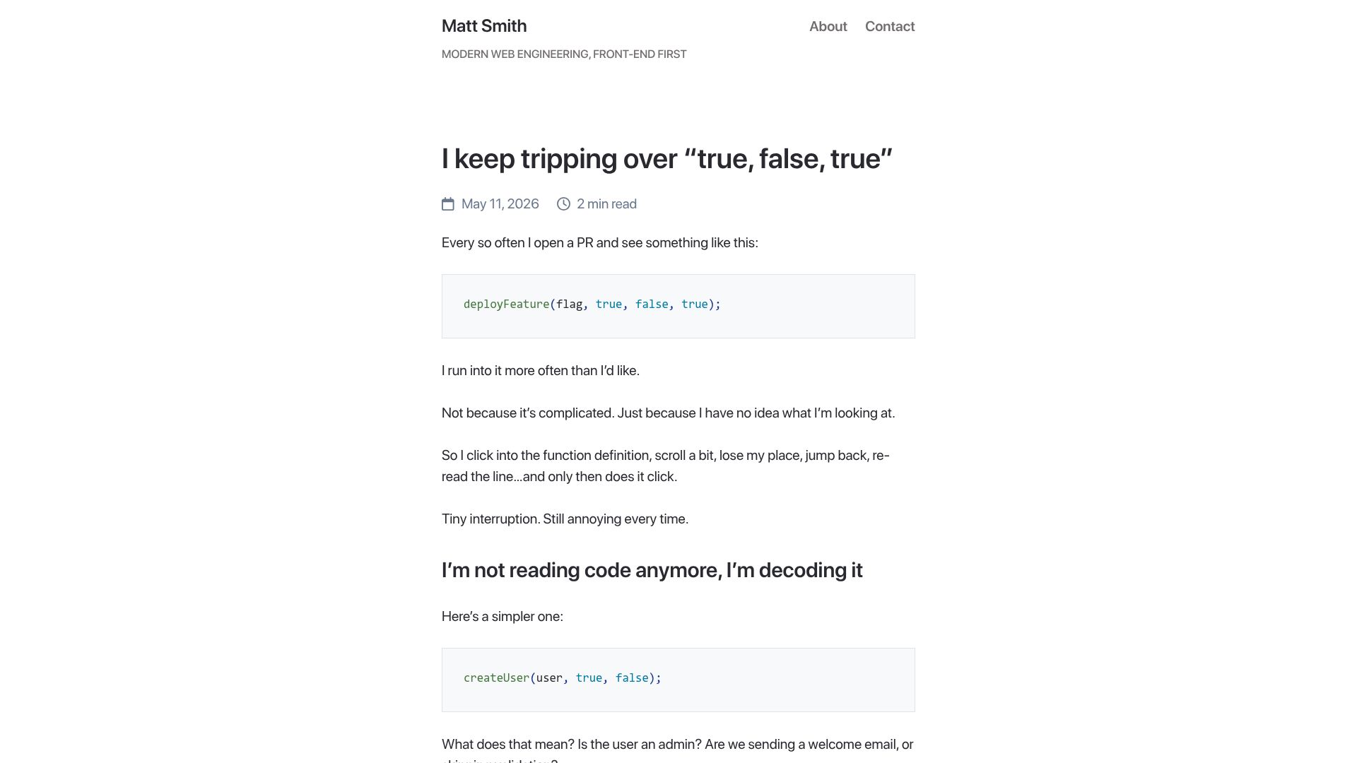 Screenshot of allthingssmitty.com: I keep tripping over "true, false, true"
